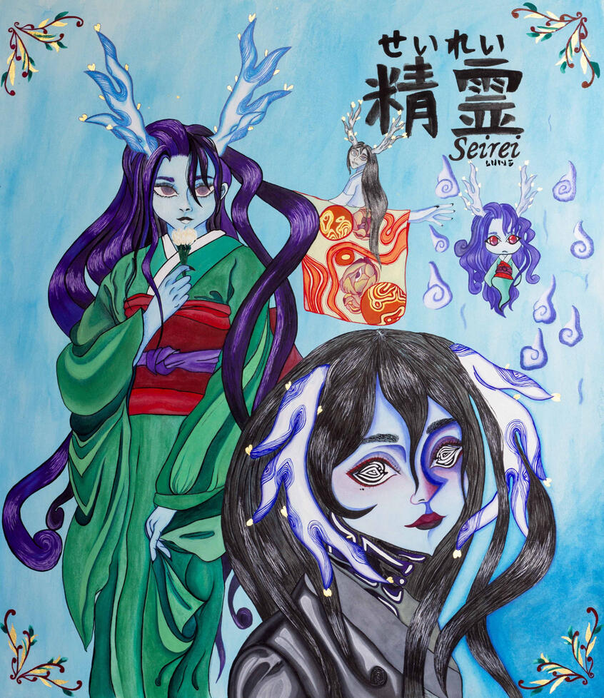 The many faces of 精霊 • 56, 5 x 49,5 cm • Gouache, Ink, Polychromos, 24k Gold Leaf