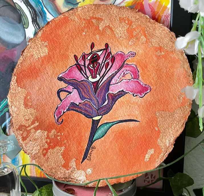 Lily Commission • Gouache, Pearlescent colors on textured hand pressed paper, Copper Leaf